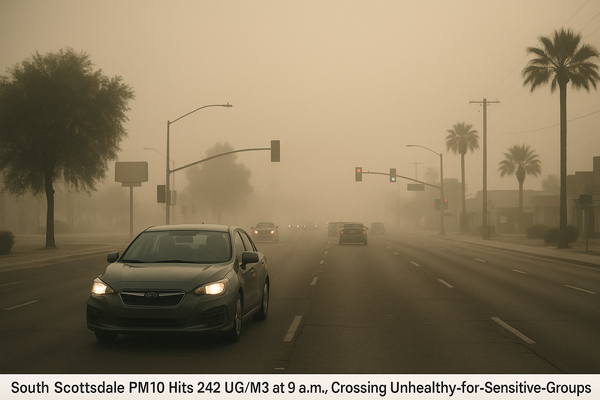South Scottsdale PM10 Hits 242 UG/M3 at 9 a.m., Crossing Unhealthy-for-Sensitive-Groups Threshold. The South Scottsdale ai…