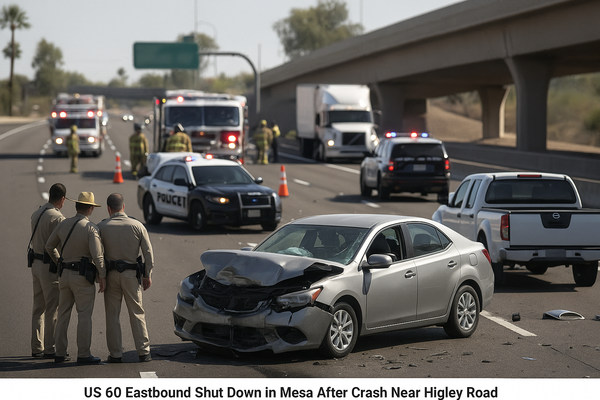US 60 Eastbound Shut Down in Mesa After Crash Near Higley Road. ADOT has closed all eastbound lanes with no estimated reop…
