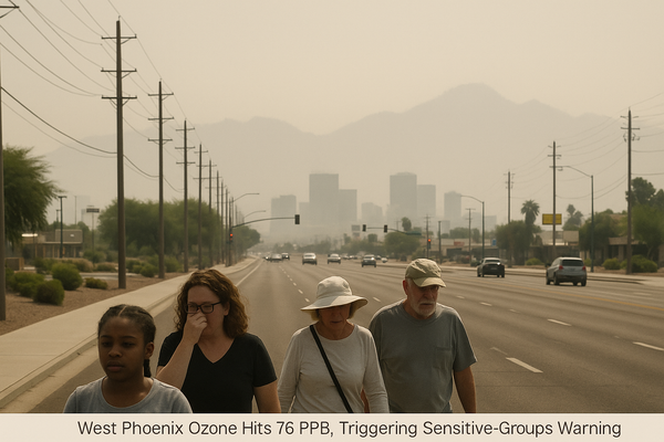 West Phoenix Ozone Hits 76 PPB, Triggering Sensitive-Groups Warning. Maricopa County Air Quality Department data shows ozo…