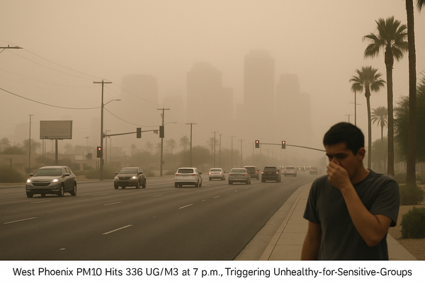 West Phoenix PM10 Hits 336 UG/M3 at 7 p.m., Triggering Unhealthy-for-Sensitive-Groups Threshold. Maricopa County Air Quali…