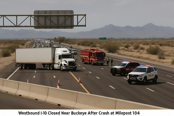 Westbound I-10 Closed Near Buckeye After Crash at Milepost 104. ADOT has shut westbound lanes at milepost 110 with no esti…