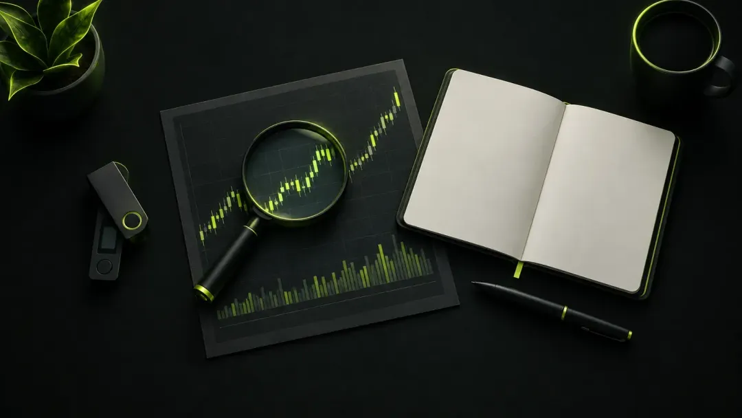 A research desk with a magnifying glass over a price chart, a notebook and a hardware wallet
