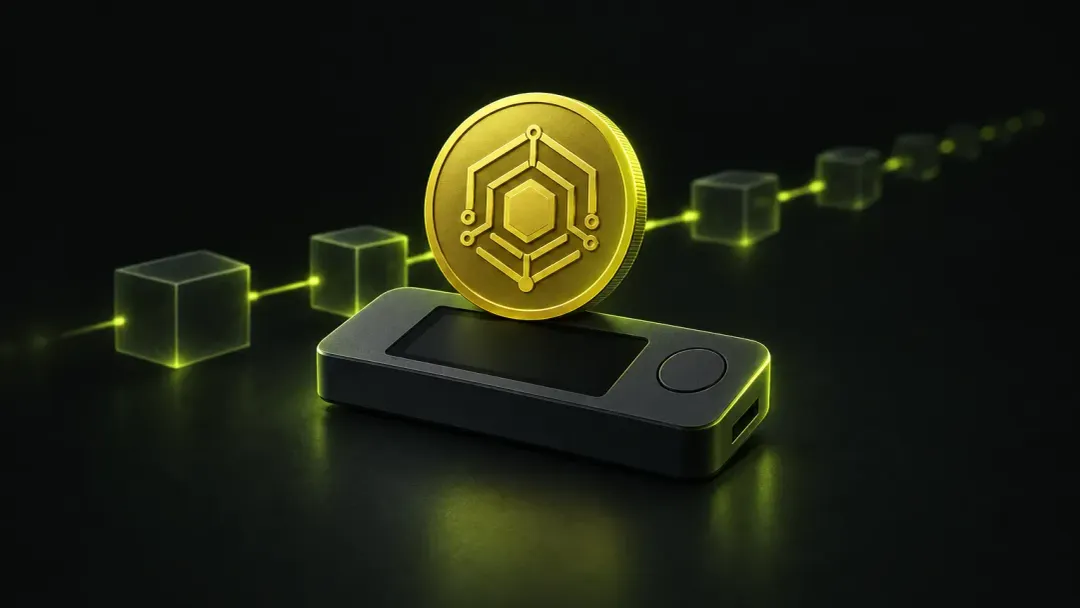 A gold coin resting on a hardware wallet, with a chain of blocks behind it