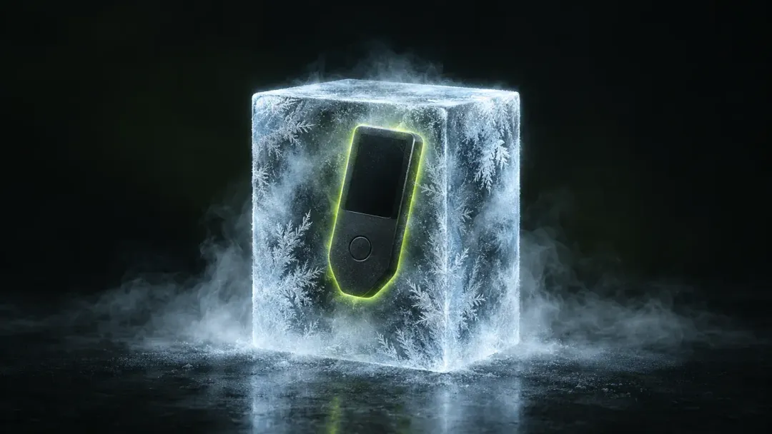 A hardware wallet sealed in a block of ice, illustrating offline cold storage