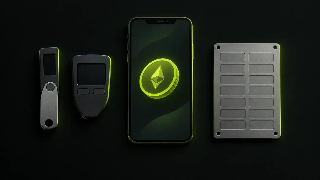 Two hardware wallets, a phone wallet app and a metal seed backup plate laid out side by side