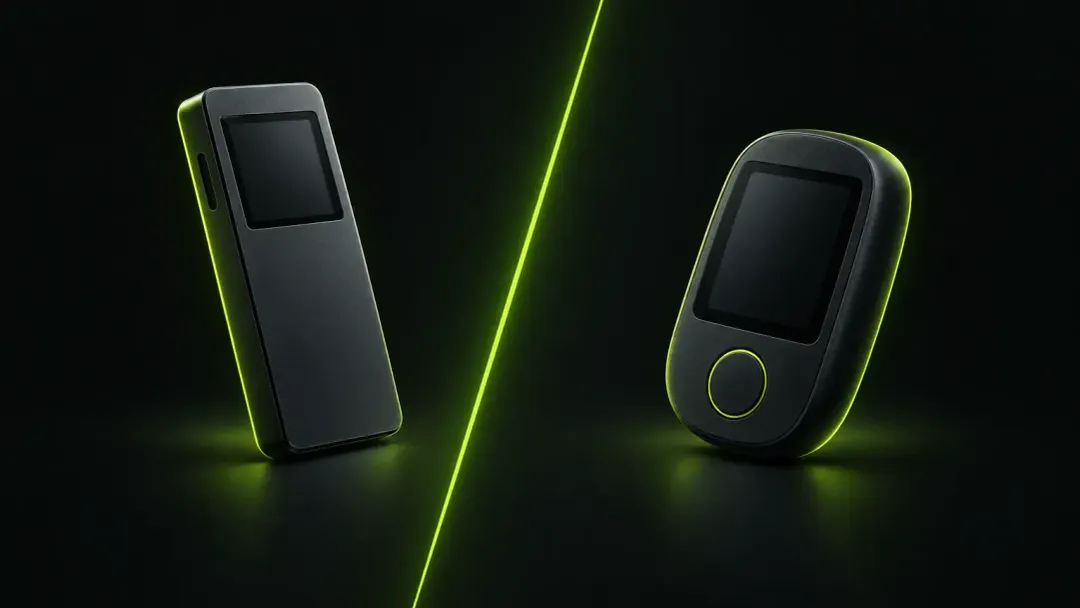 Two hardware wallets facing each other across a dividing line