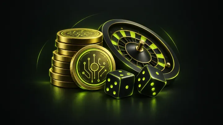 Stacked crypto coins next to two dice and a roulette wheel
