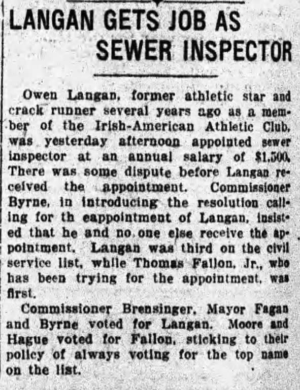 Newspaper clipping about Owen Langan getting the sewer inspector job. 