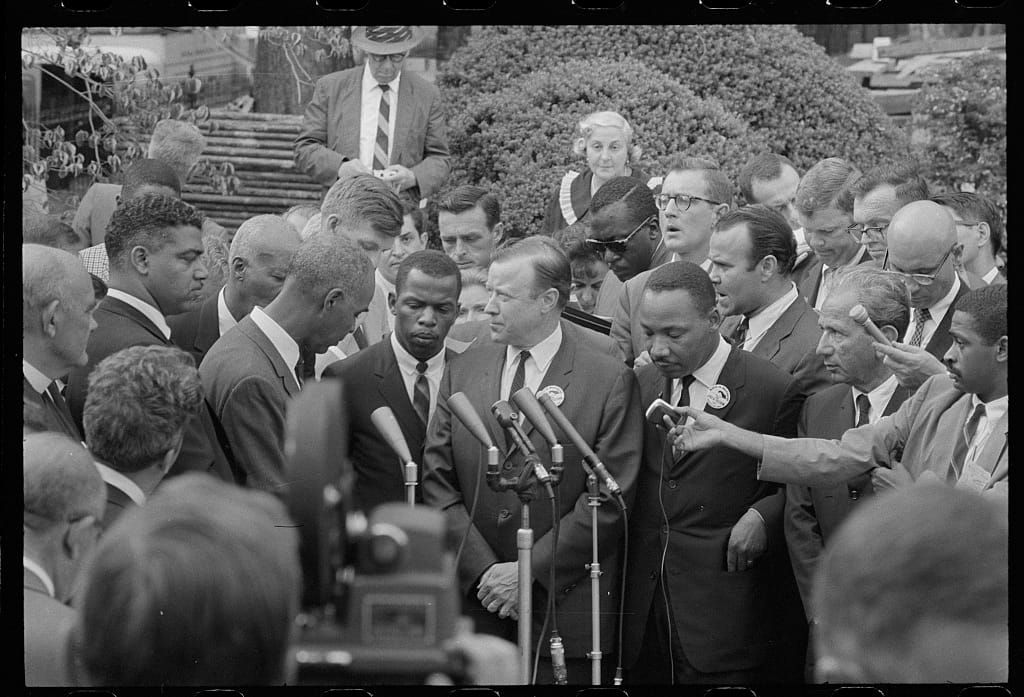 Civil Rights leaders talk with reporters after meeting with President Kennedy following the March on Washington