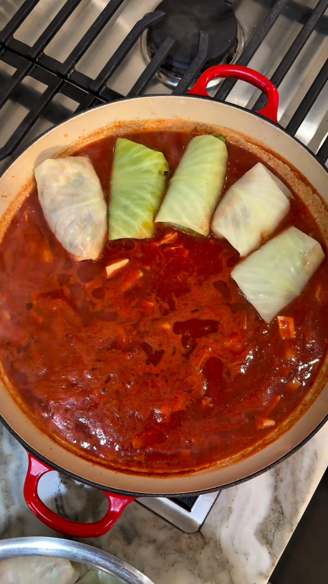 Five raw cabbage rolls set side by side in tomato sauce in a red enameled Dutch oven on a gas stove