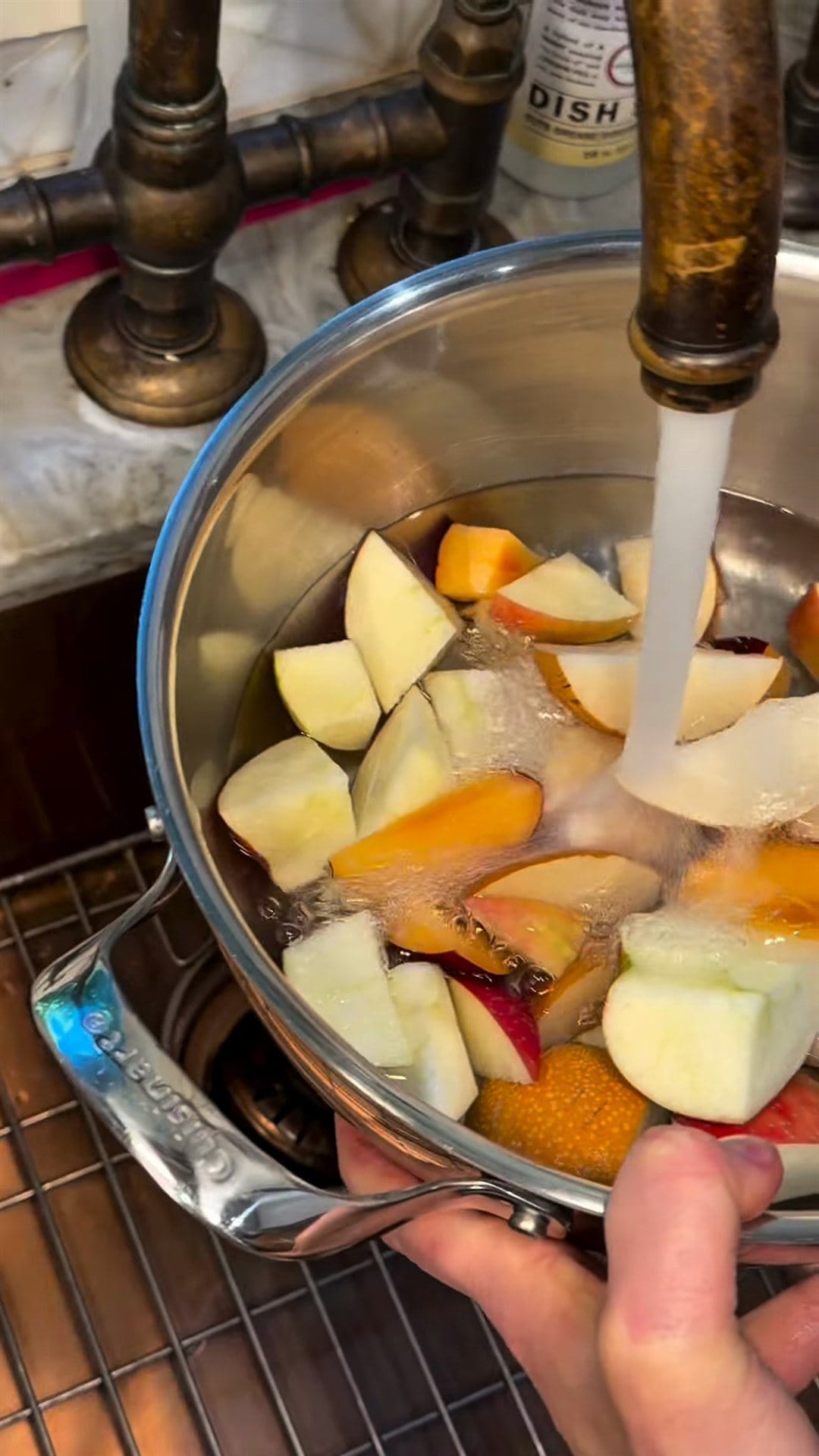 Tap water running into a steel pot of chopped apples, pears and a red-skinned stone fruit at the kitchen sink