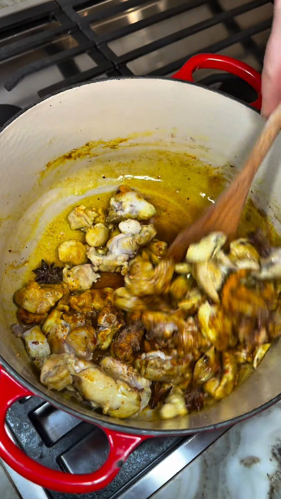 Cubed chicken thighs browning with golden spices and whole star anise in a red enameled Dutch oven