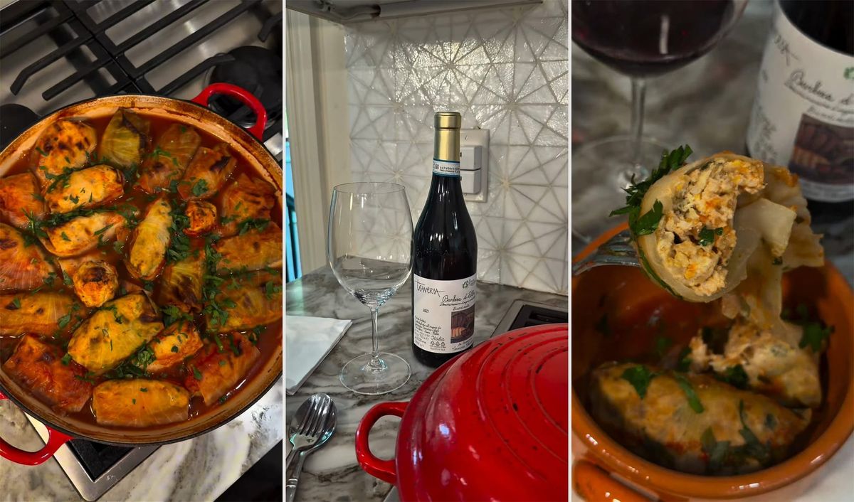 Three panels: stuffed cabbage rolls in tomato sauce in a red Dutch oven, a bottle of Traversa Barbera d'Alba beside an empty glass, and a cabbage roll on a fork