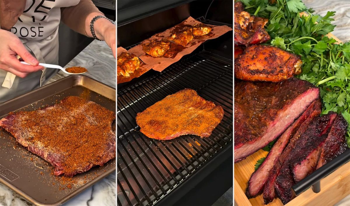 Three panels: rub sprinkled over a brisket on a sheet pan, the brisket and chicken thighs on the smoker, and sliced smoked brisket with chicken and cilantro on a wooden tray