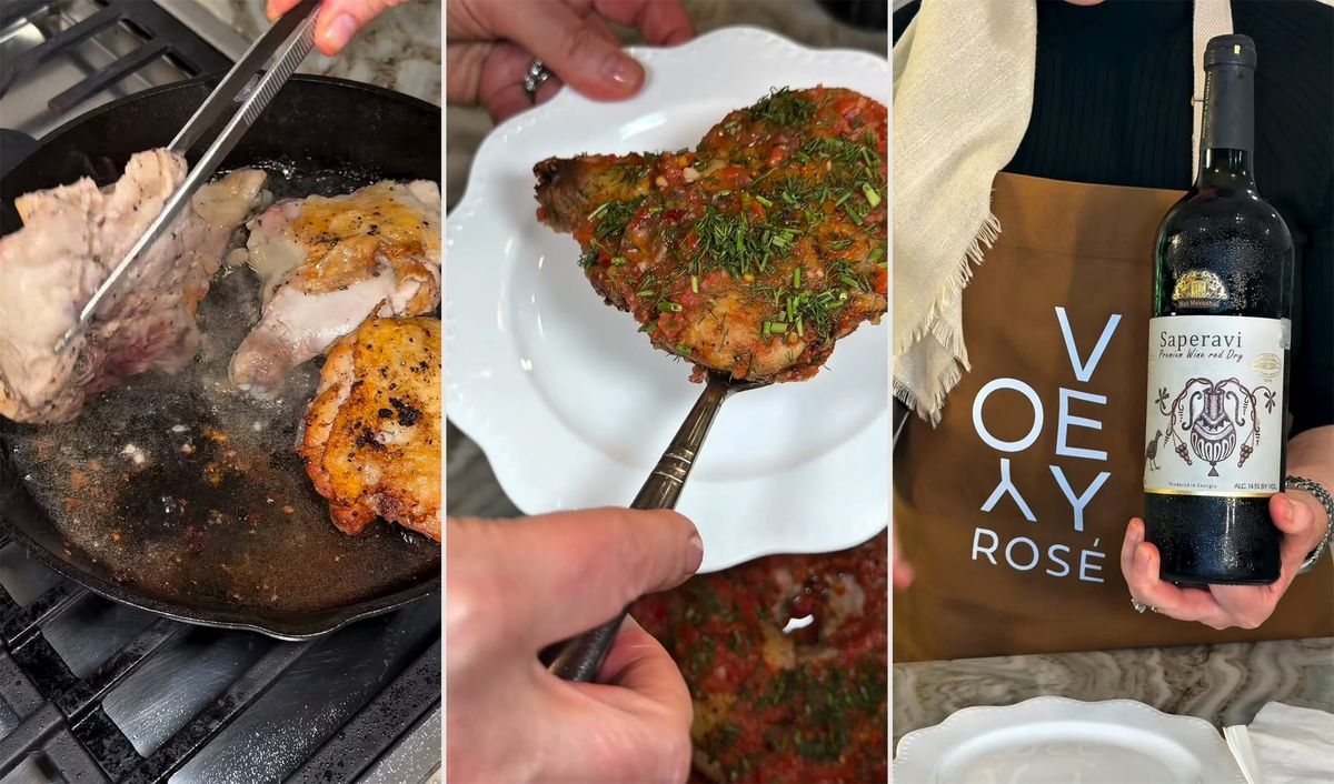 Three panels: chicken searing in a cast-iron skillet, a crispy piece topped with tomato, dill and chives on a white plate, and Anne holding a bottle of Saperavi