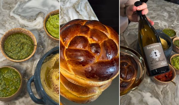 Three frames from Anne's kitchen: bowls of green pesto, avocado dip and tahini dip on marble, a glossy braided challah, and a bottle of L'Indiscrète Sancerre