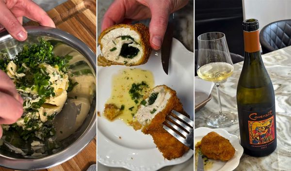Three frames from Anne's kitchen: garlic butter mixed with fresh herbs, a cut chicken Kyiv in a pool of garlic butter, and Covenant Chardonnay Lavan 2024 with a glass