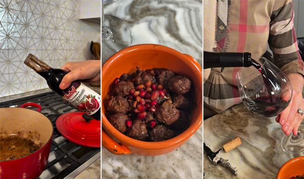 Three frames from Anne's kitchen: pomegranate molasses poured into a red pot, a bowl of meatballs with pomegranate seeds, and Galil Mountain Syrah poured into a glass