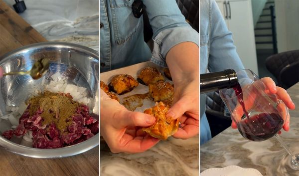 Three frames from Anne's kitchen: spiced beef and onion in a bowl, a flaky samsa pulled open, and Shirah Syrah poured into a glass