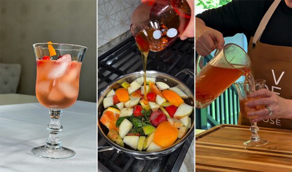 Three frames from Anne's kitchen: a stemmed glass of fruit punch over ice, honey poured over apples, pears, oranges, strawberries and mint in a pot, and punch poured from a pitcher