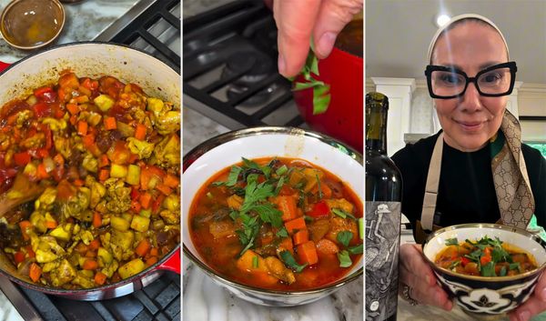 Three panels: chicken and vegetable stew in a red Dutch oven, parsley sprinkled over a bowl of lagman, and Anne holding a bowl beside a bottle of Hajdu Grenache