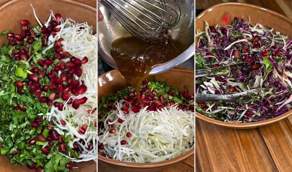 Three frames of Anne's crispy salad: white cabbage, herbs and pomegranate seeds in a brown bowl, dressing poured over, and the tossed red and white cabbage salad