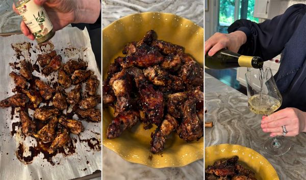 Three frames from Anne's kitchen: za'atar shaken over glazed wings on a sheet pan, a yellow bowl of sticky wings, and Riesling poured into a glass