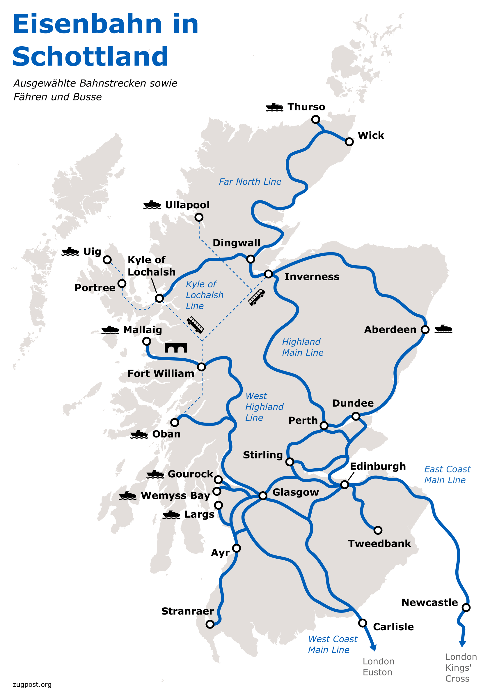 Karte: Ausgewählte Bahnstrecke, Fähren und Busse in Schottland