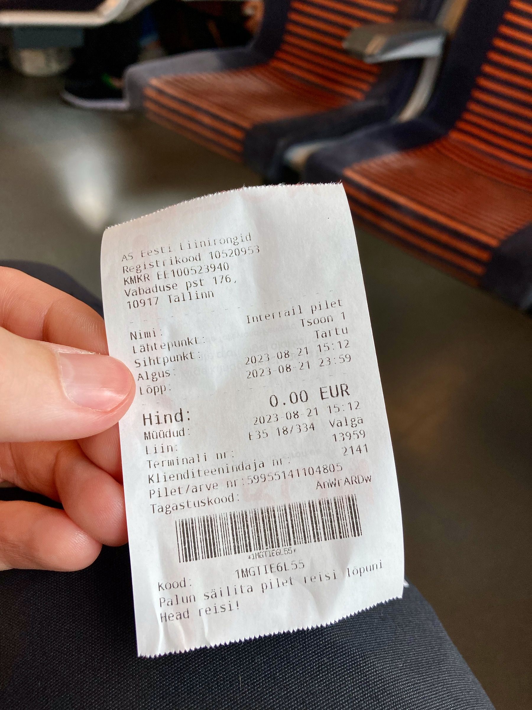 Ticket der estnischen Bahn zum Preis von 0 Euro