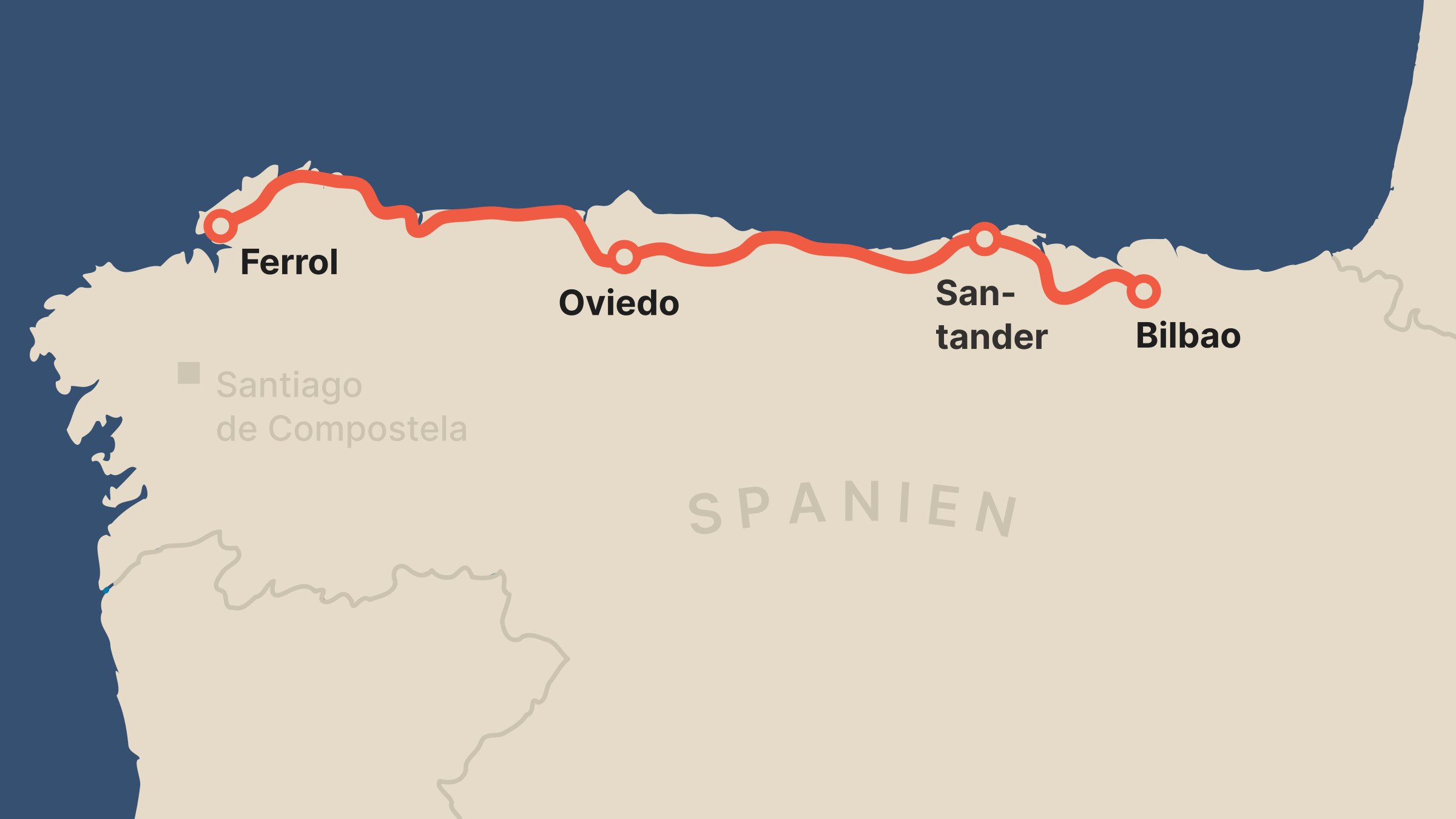 Karte der Feve: Von Bilbao über Santander und Oviedo nach Ferrol