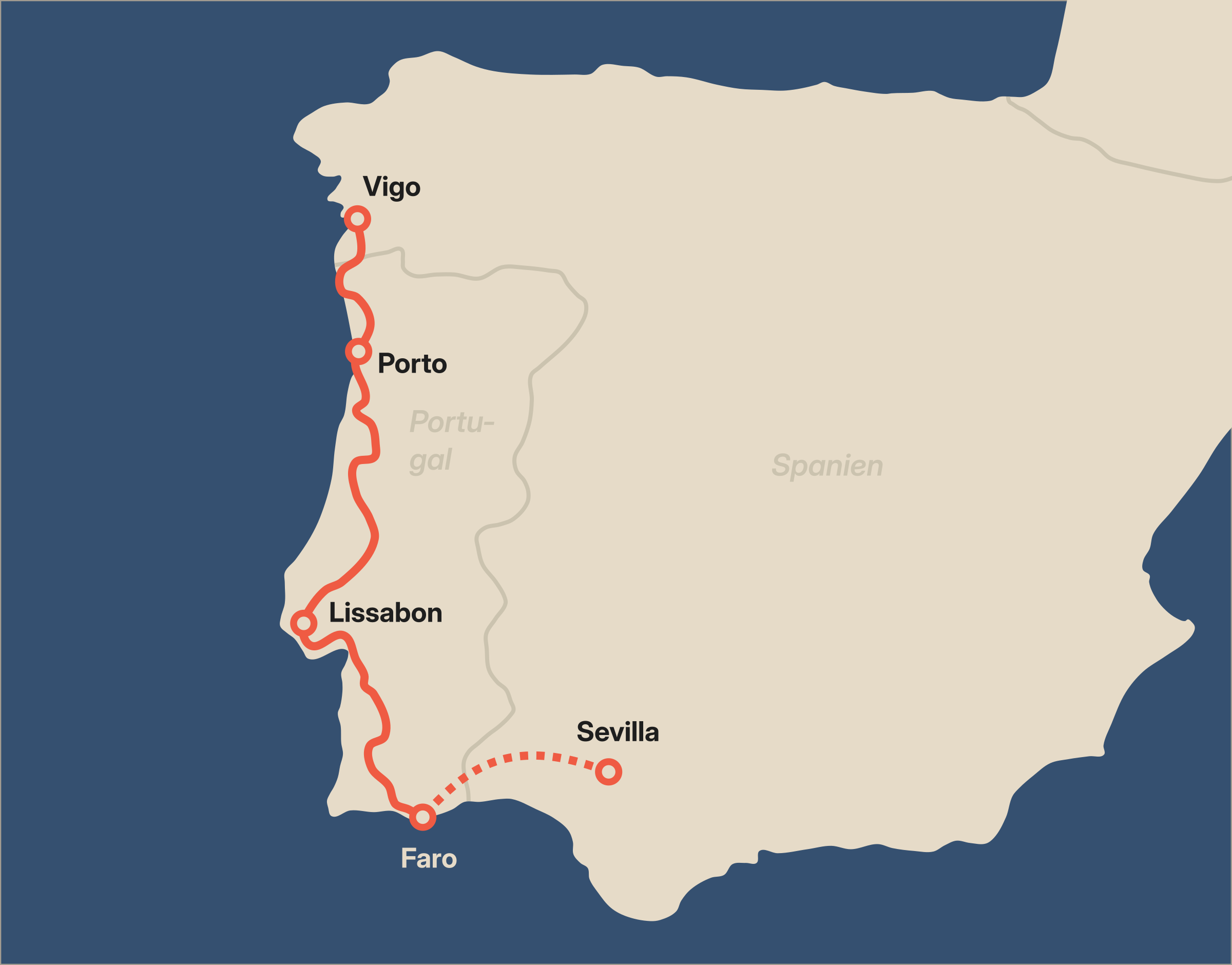 Karte mit Route von Vigo über Porto, Lissabon und Faro nach Sevilla
