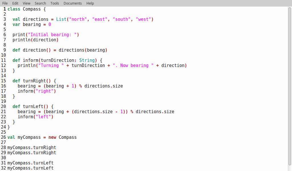 The "compass" class example, with syntax highlighting in gedit