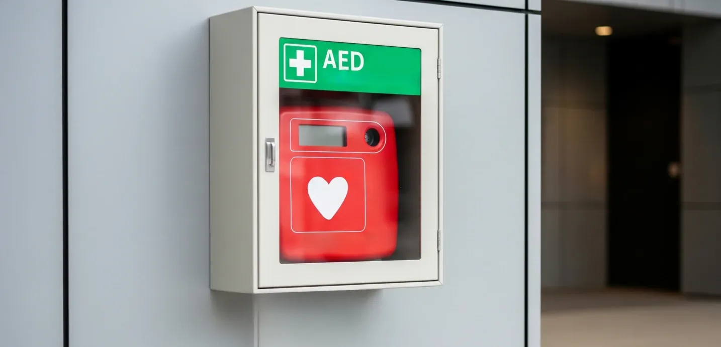 AED cabinet on a wall in a workplace or public building, representing preparation for a cardiac emergency.