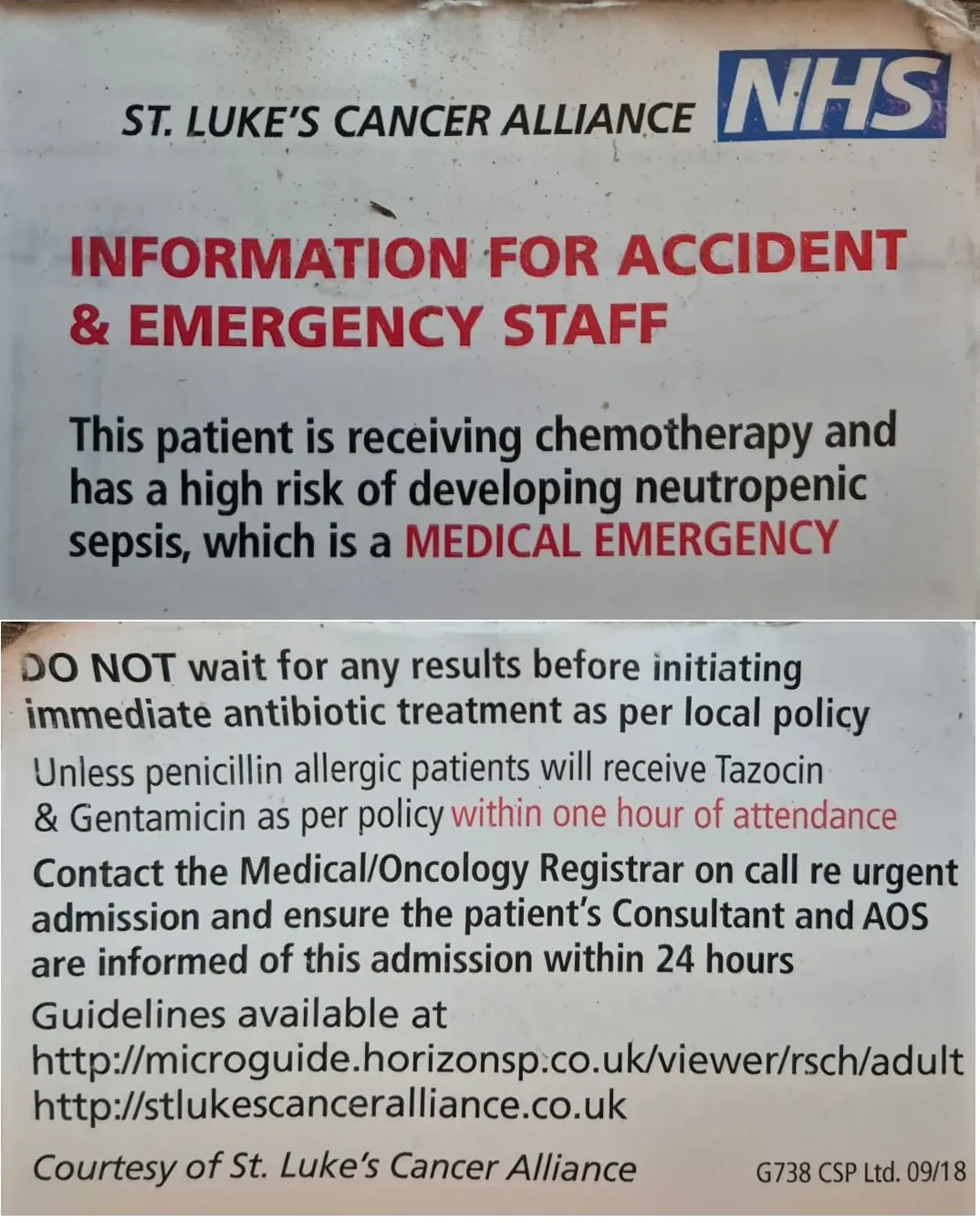 Chemotherapy alert card warning that neutropenic sepsis is a medical emergency.