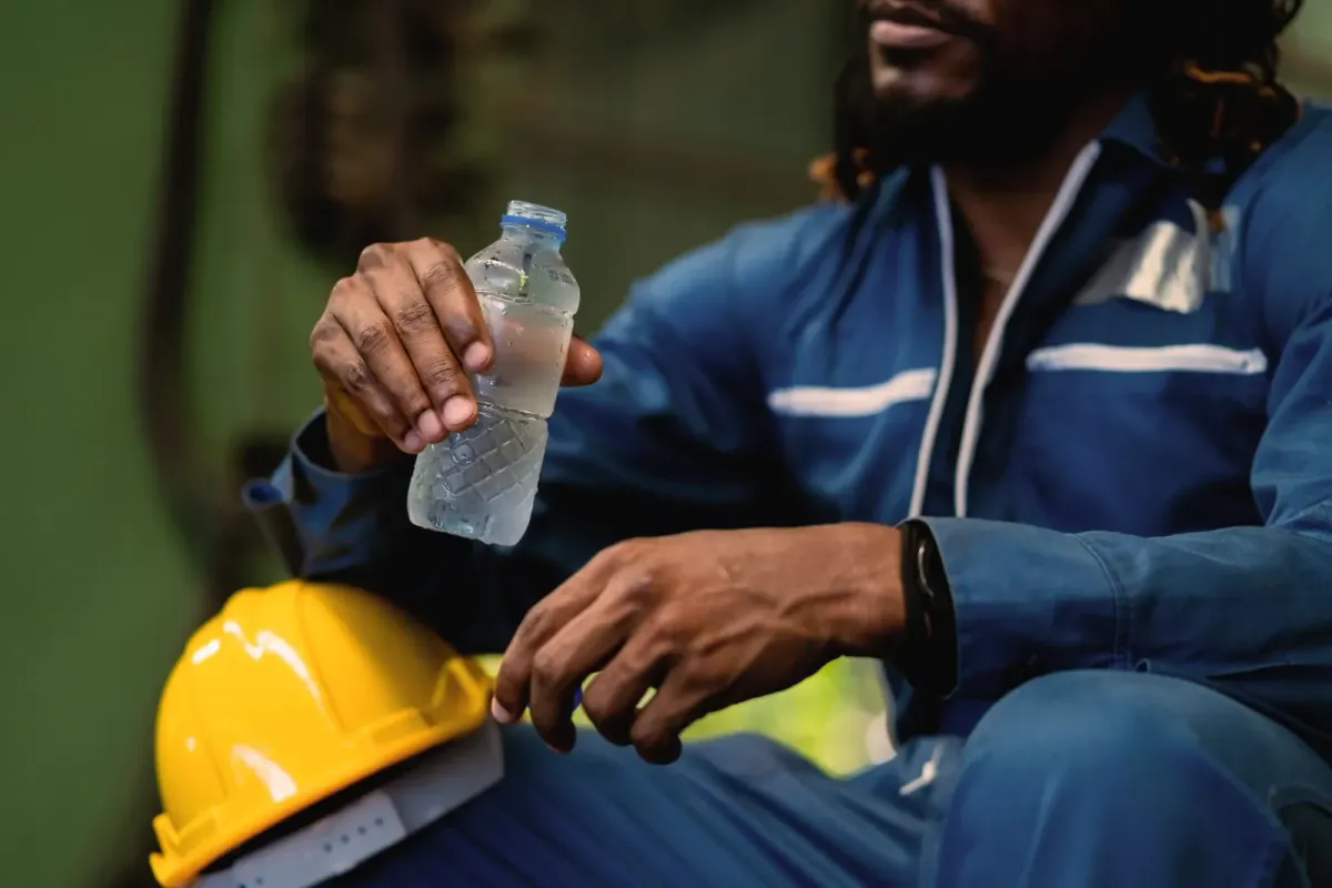 Worker in protective clothing taking a water break in hot working conditions