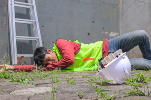 Unconscious worker wearing high-visibility clothing before first aid assessment