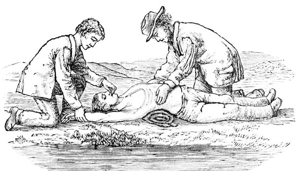 19th-century illustration showing two people attempting artificial respiration on an unconscious person beside water