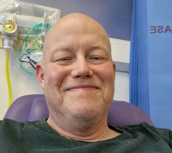 Damon Birch in a hospital cancer ward waiting to receive chemotherapy for lymphoma.