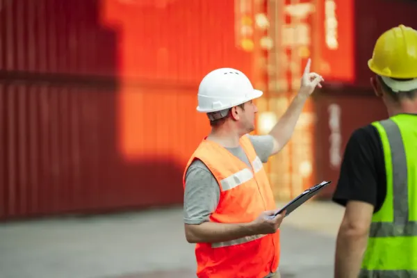 Two workers carrying out a safety assessment in an industrial workplace