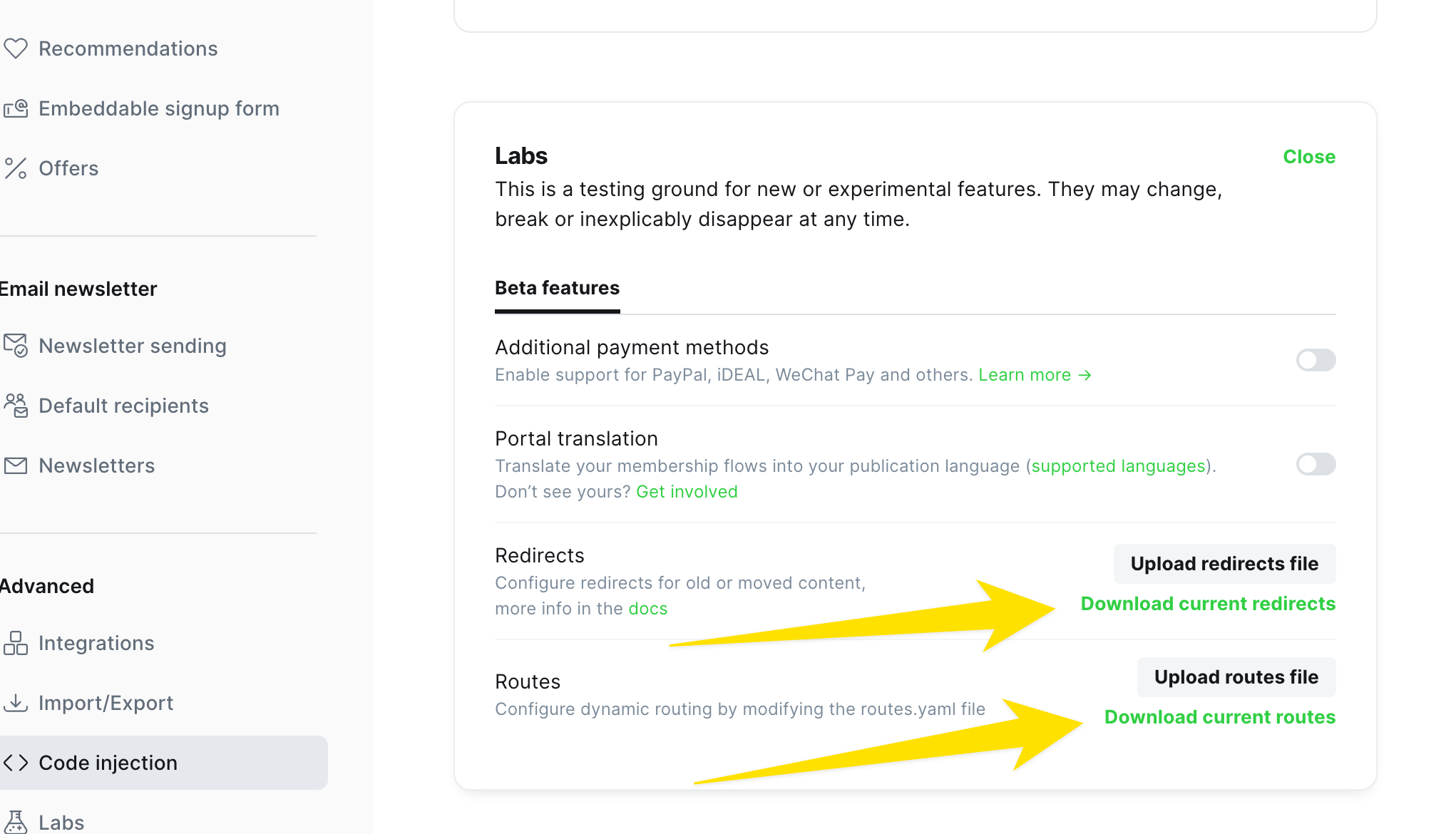 Screenshot of the Settings menu in Ghost CMS with arrows pointing at the Redirects and Routes area of the menu.