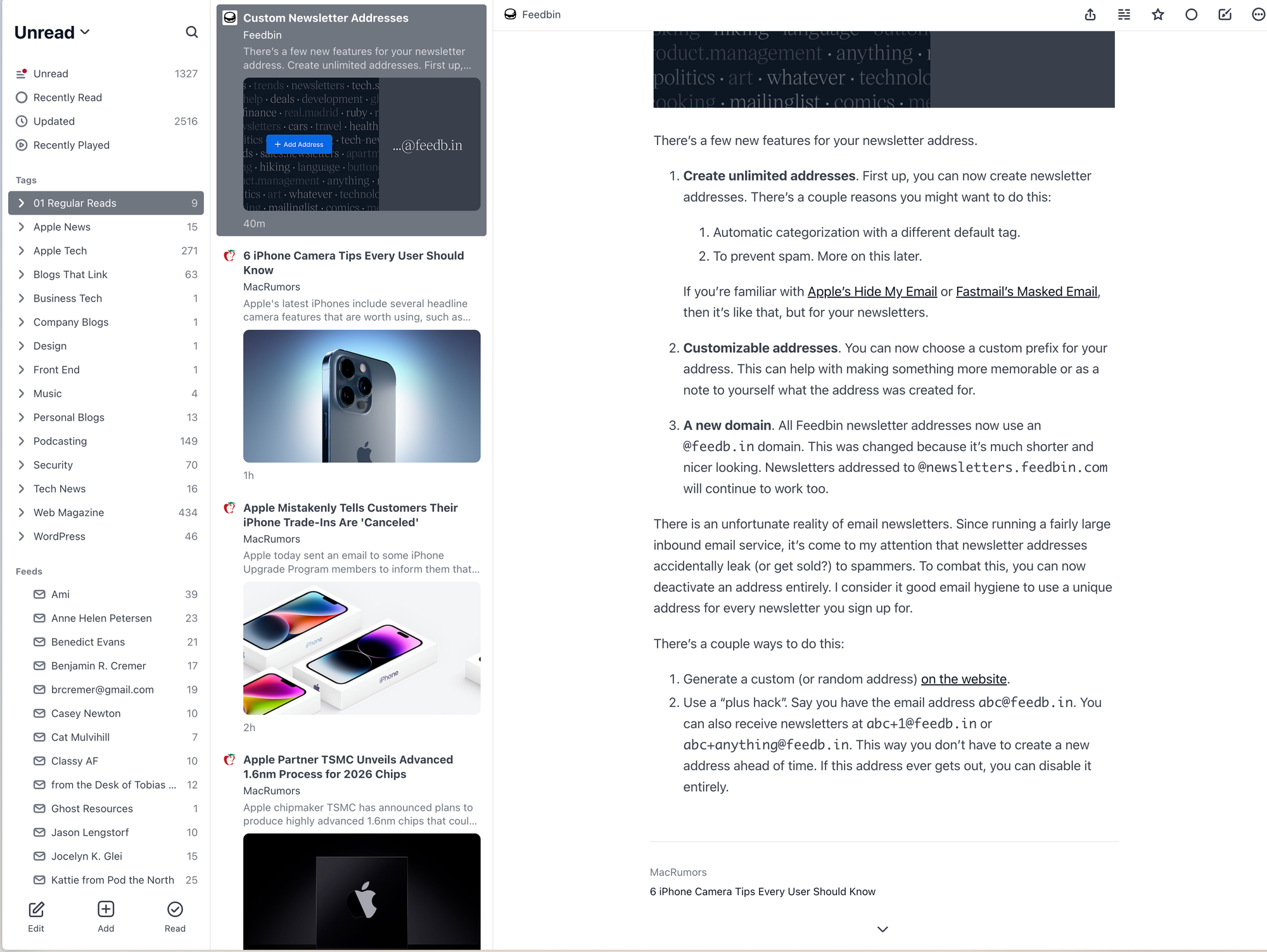 Feedbin app for reading RSS feeds with subscriptions on the left, new articles in the middle column, and the current article on the right column