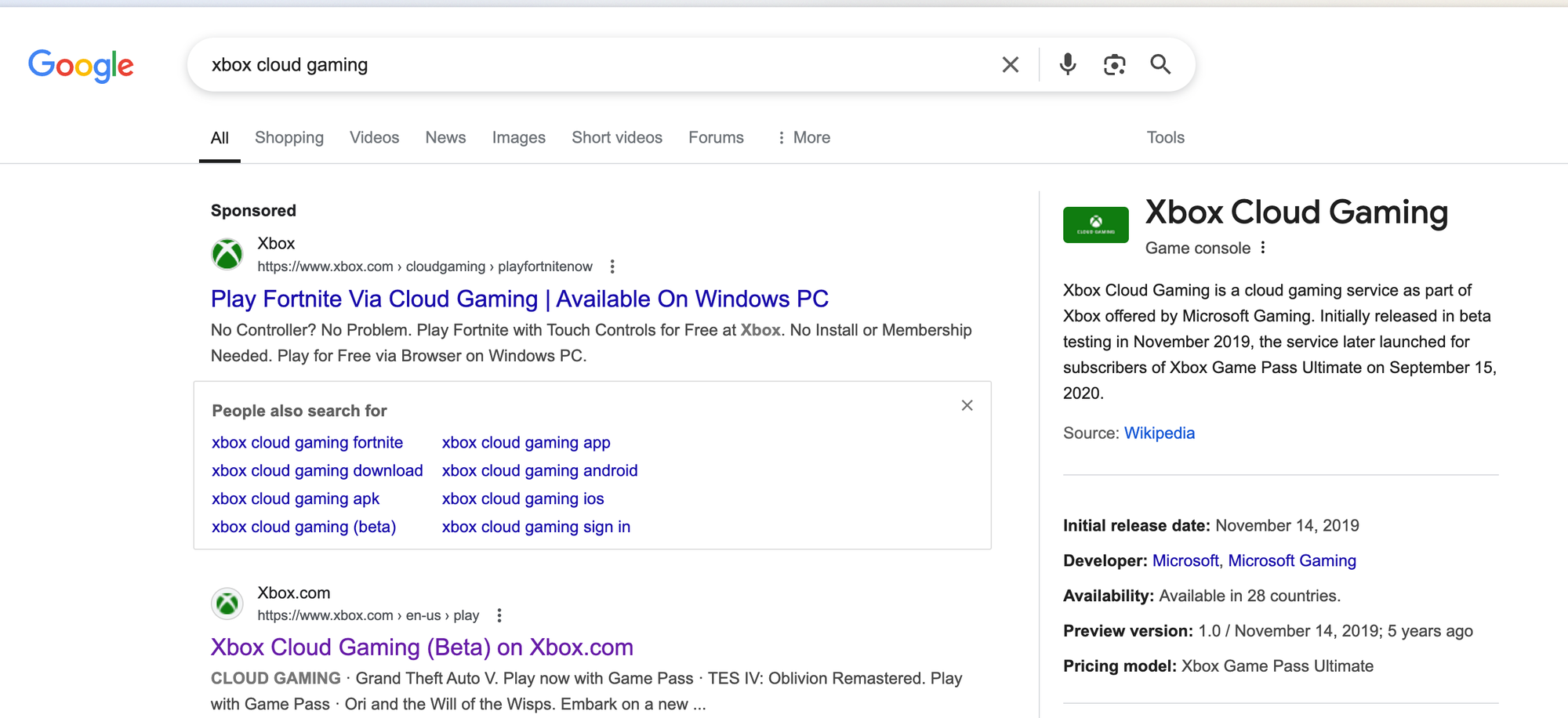 Screenshot of Google search results for "xbox cloud gaming" showing an ad for Xbox Cloud Gaming's ability to play Fortnite.