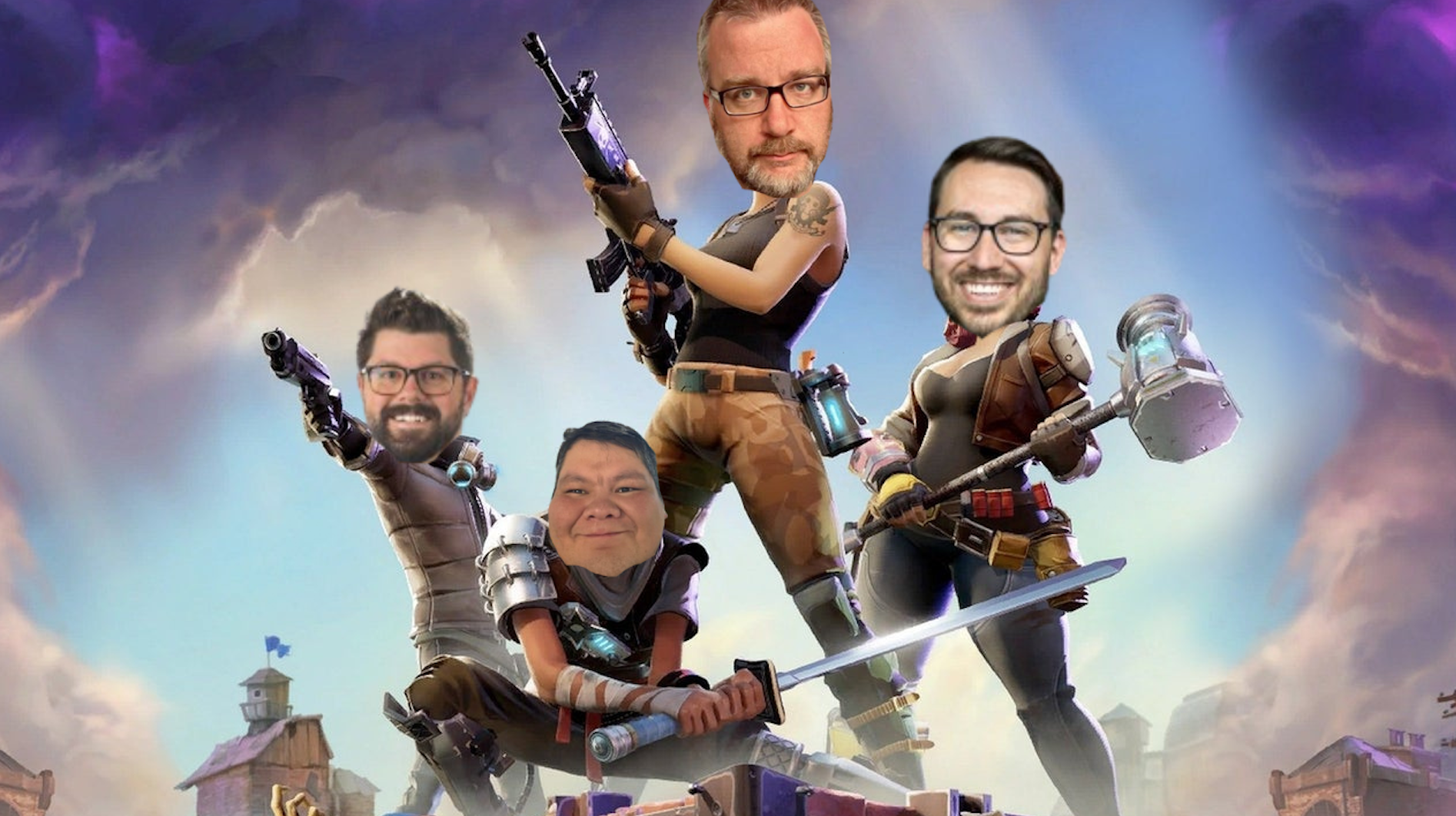 A terrible Photoshop edit of 4 male heads put on a Fortnite screenshot.