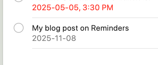 Screenshot of Reminders for Mac with "My blog post on Reminders" 2025-11-08