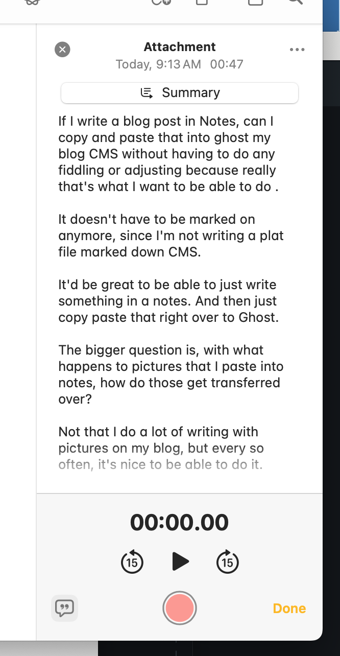 Screenshot of the transcription of the blog post with media playback controls