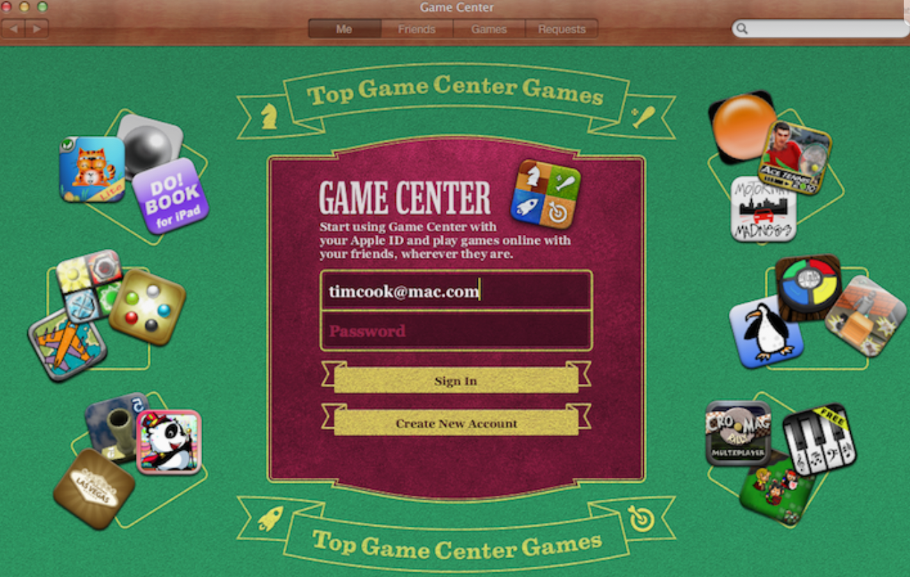 Screenshot from macOS app Game Center from a few years ago with green felt background.