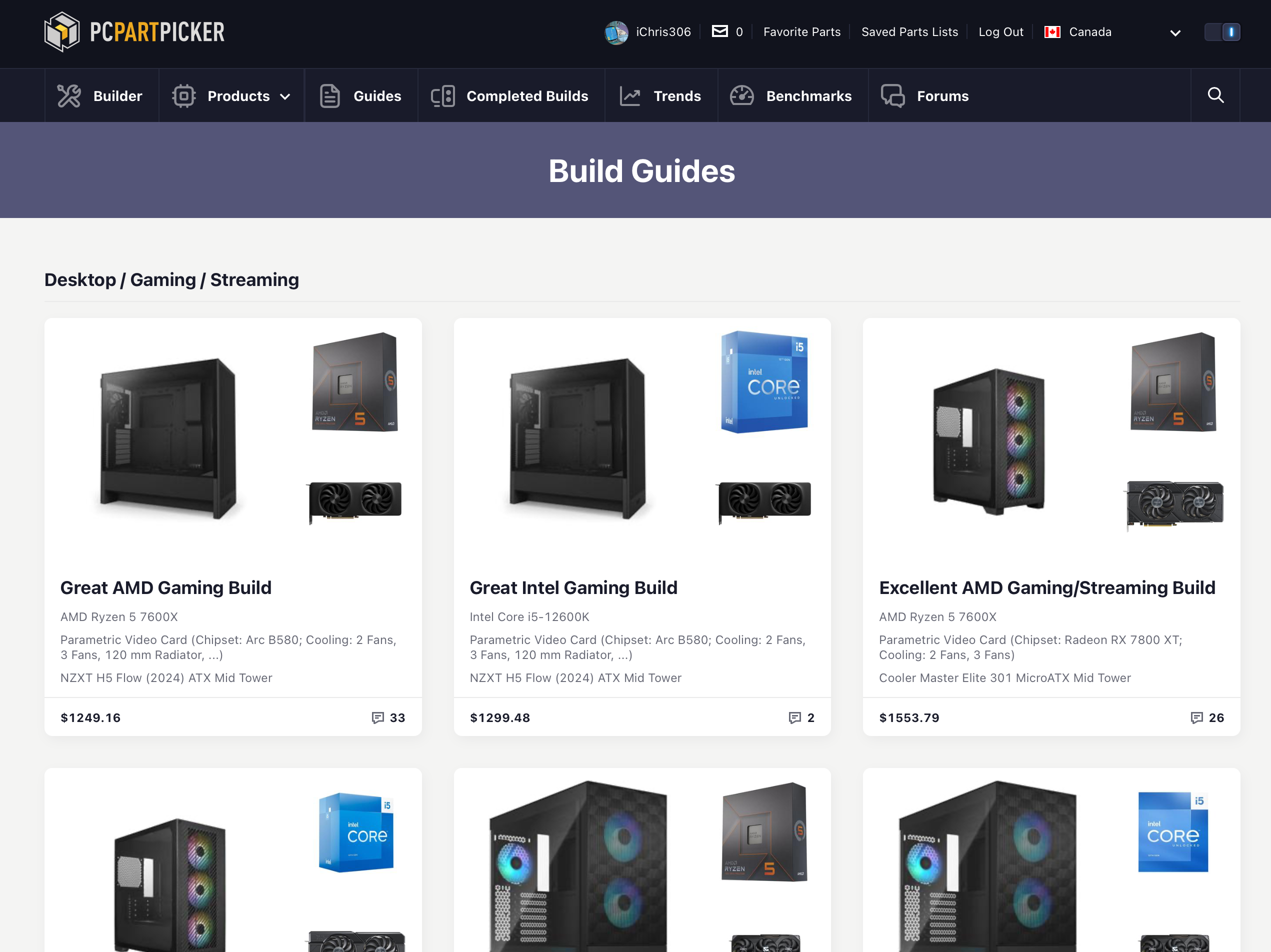 Screenshot of PCPartPicker's Build Guide page with options of different builds