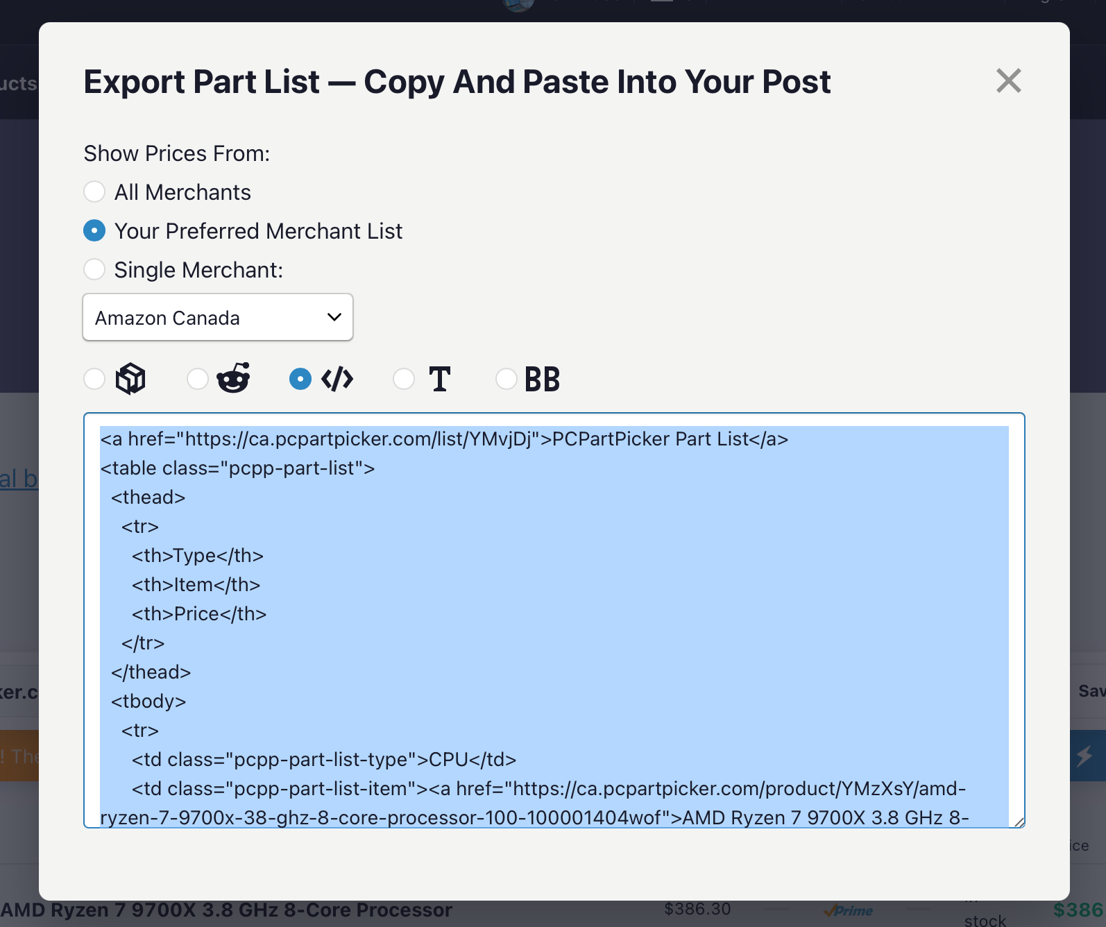 Screenshot of PCPartPicker's copy and paste screen with options including Reddit, HTML, Plaintext and more.