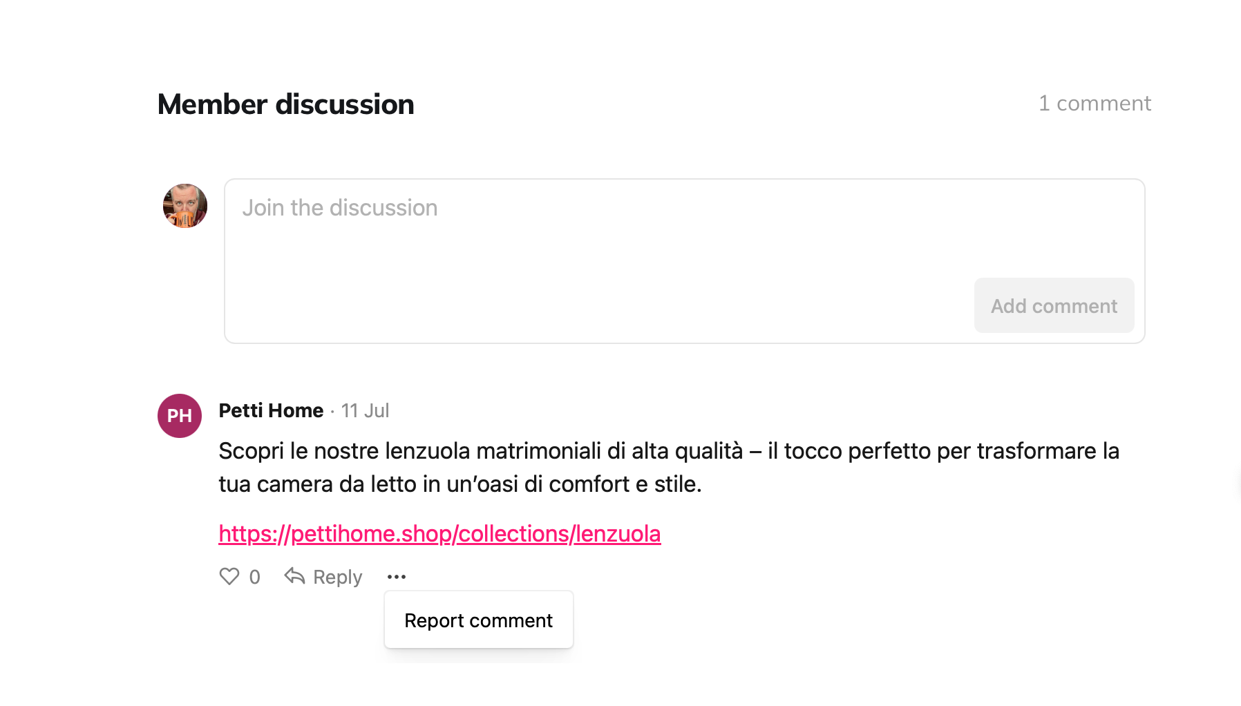 Screenshot of a comment spam with a floating tip box reading "report comment"