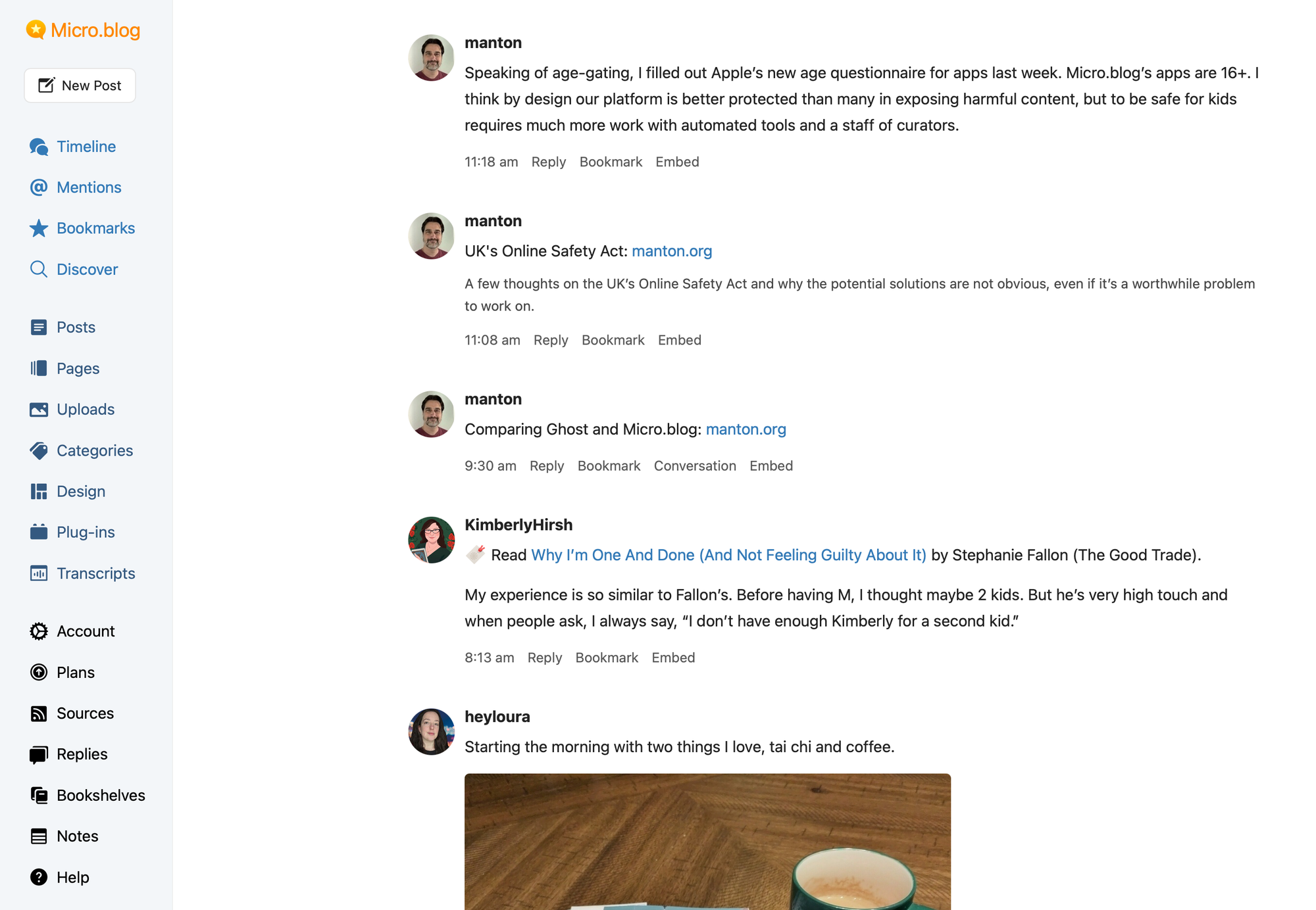 Screenshot of Micro.blog's user dashboard on the web